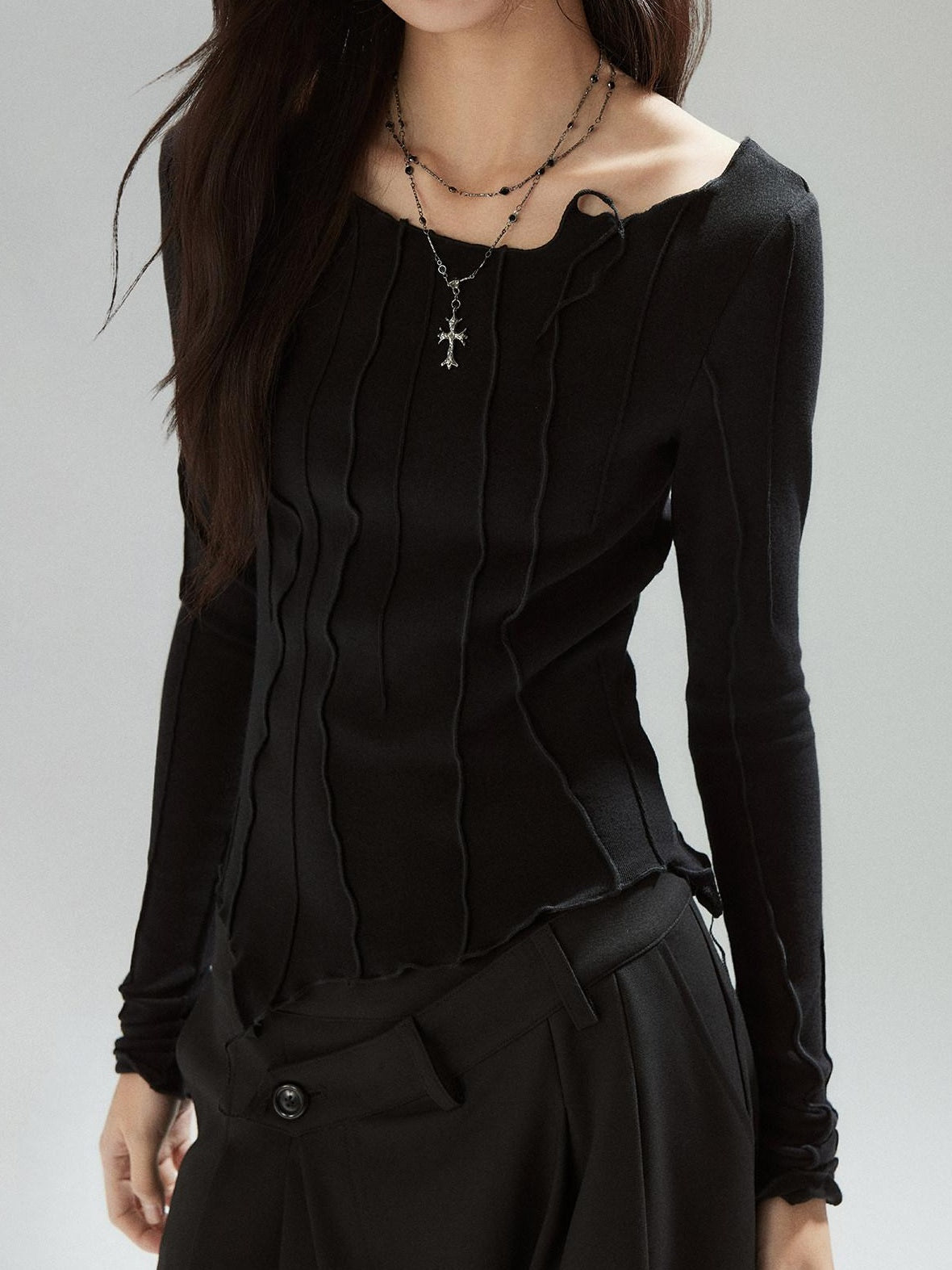 Patchwork V-neck Slim Street Girls Lyocell Black Long Sleeve T-Shirts