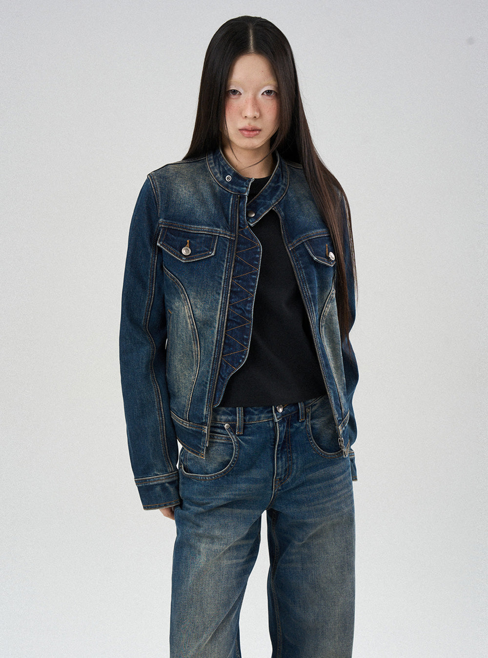 Vintage Wash Stand Collar Denim Jacket