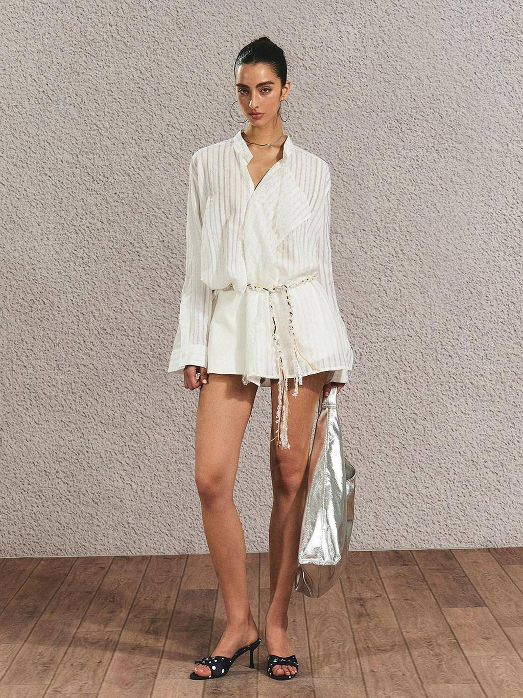 Breathable French Slim Button Stripe Open Cardigan Waist Tie Women Shirts