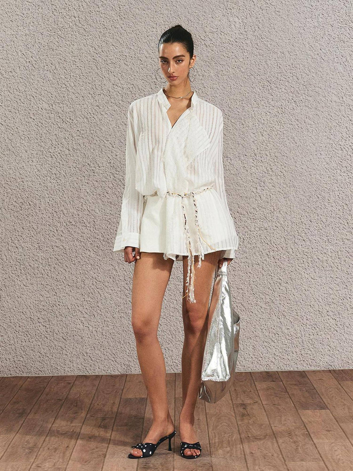 Breathable French Slim Button Stripe Open Cardigan Waist Tie Women Shirts
