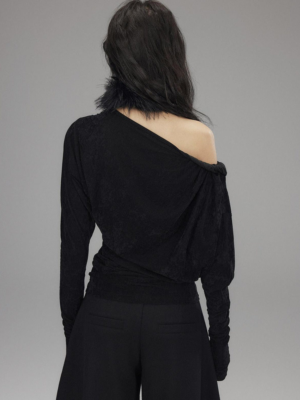 Vintage Waist Long Sleeve Slant Neck Black Knit Women Off Shoulder Crop Tops