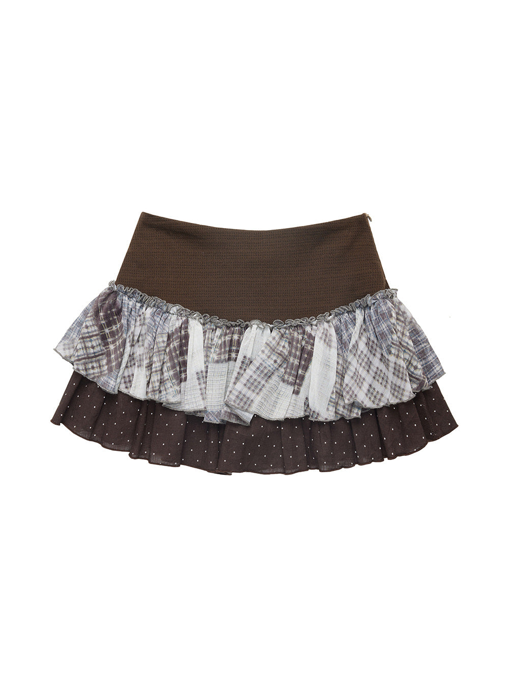 Brown Ribbon Knit Top & Check Skirt