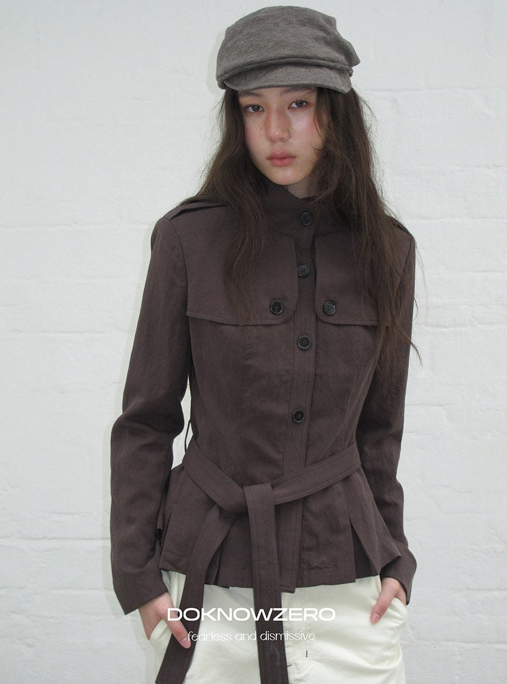 Chestnut Belted Stand Collar Jacket
