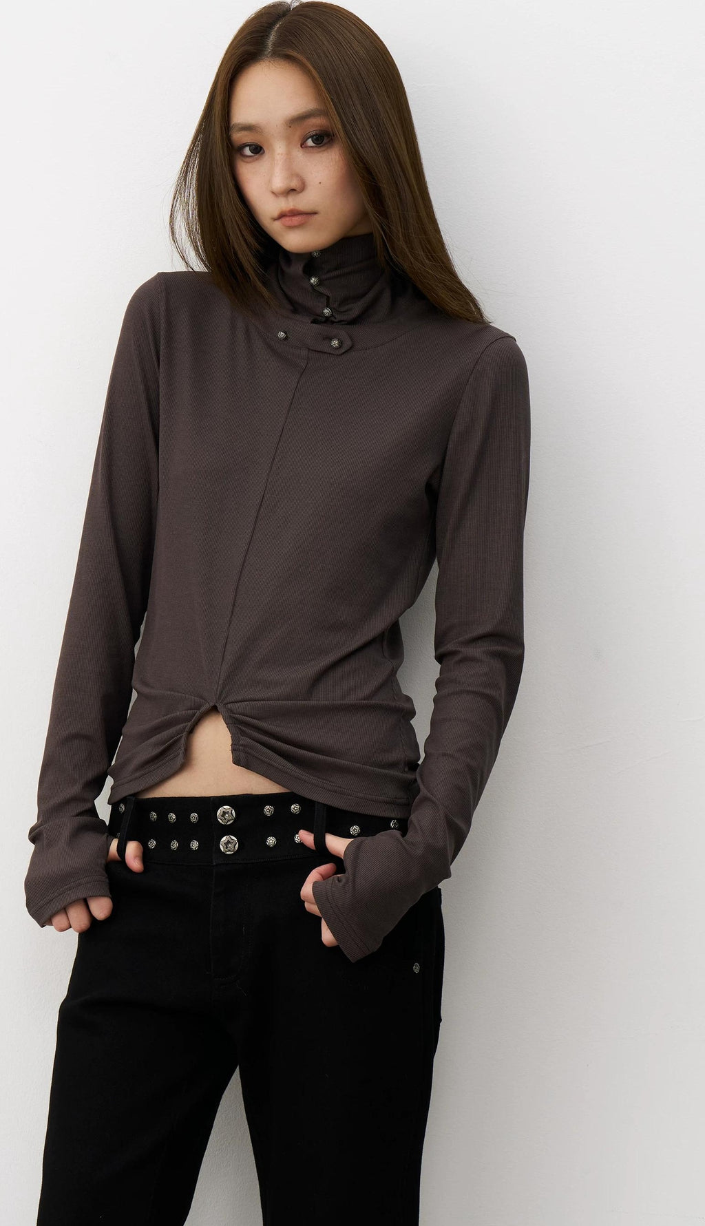 THELIGHT | RETRO PLEATED HIGH NECK T-SHIRT【ID:TN00108】