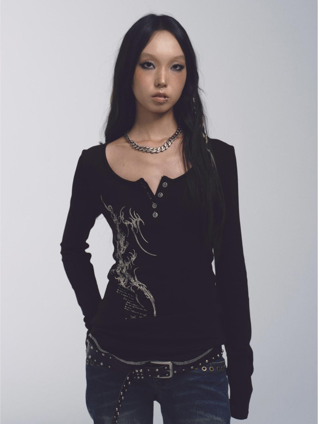 Cross Stitch Print Knit Sweater With Skull Buttons And Curved Hem