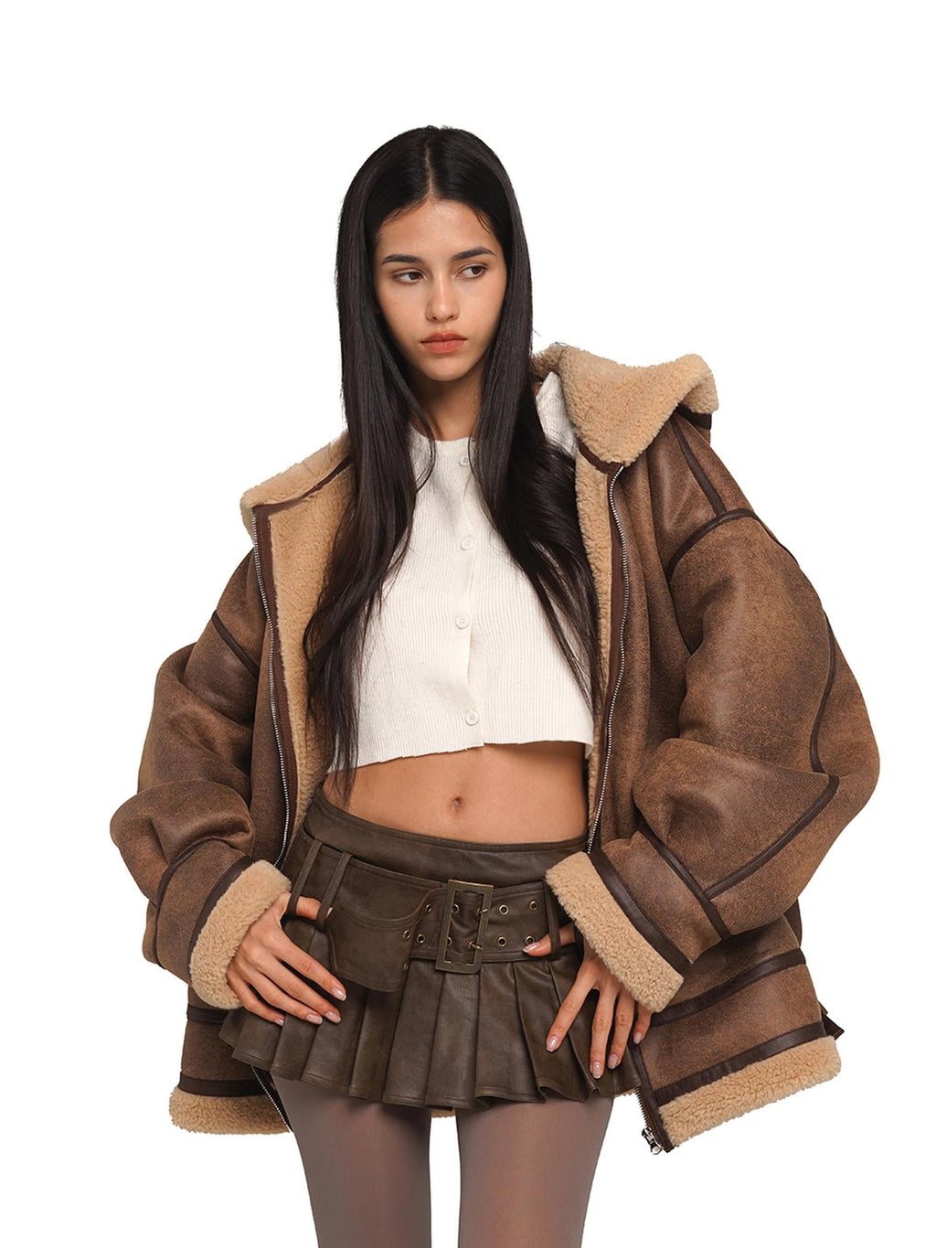 Faux Fur Hooded Jacket With Sherpa Lining Outerwear