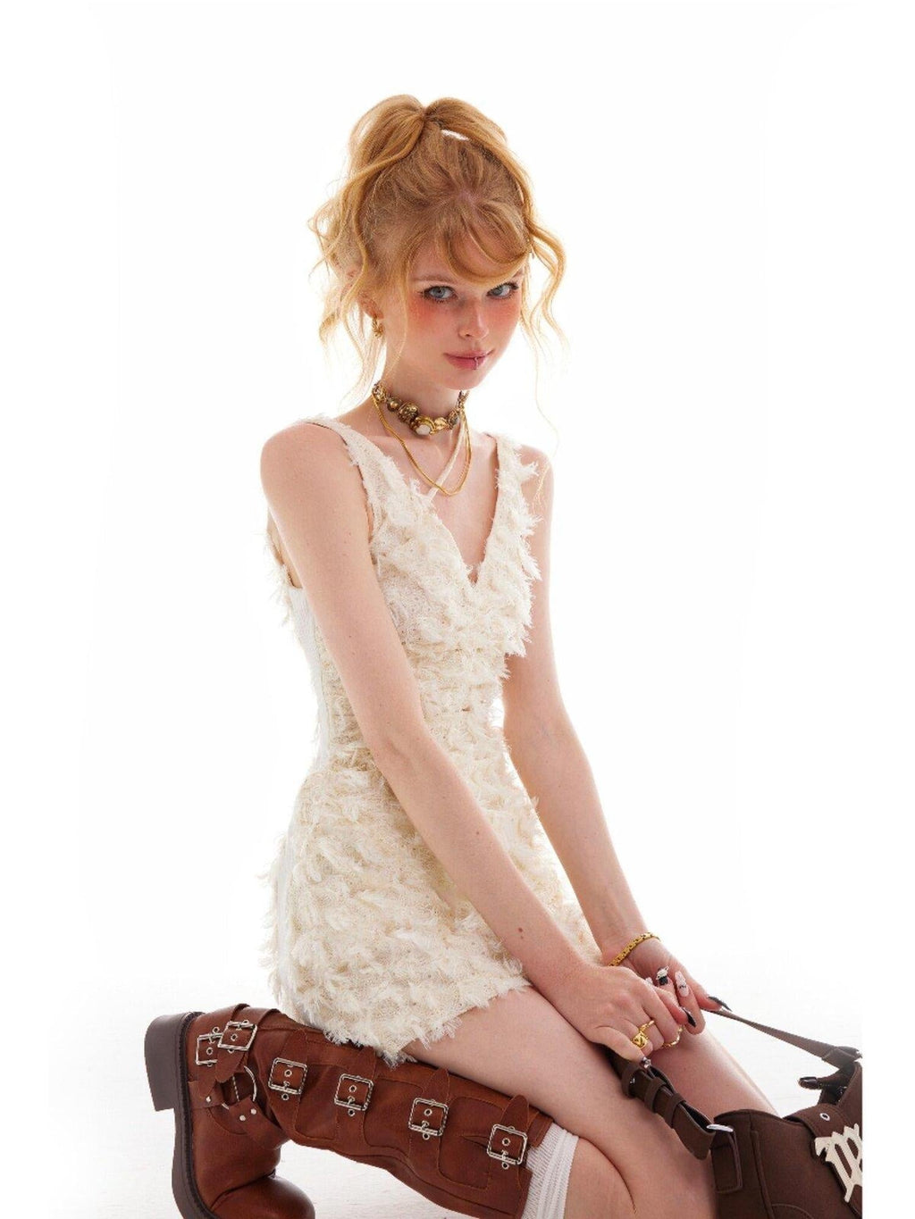 High Waist Fringe Street A Line V-neck Women White Polyester Mini Dresses