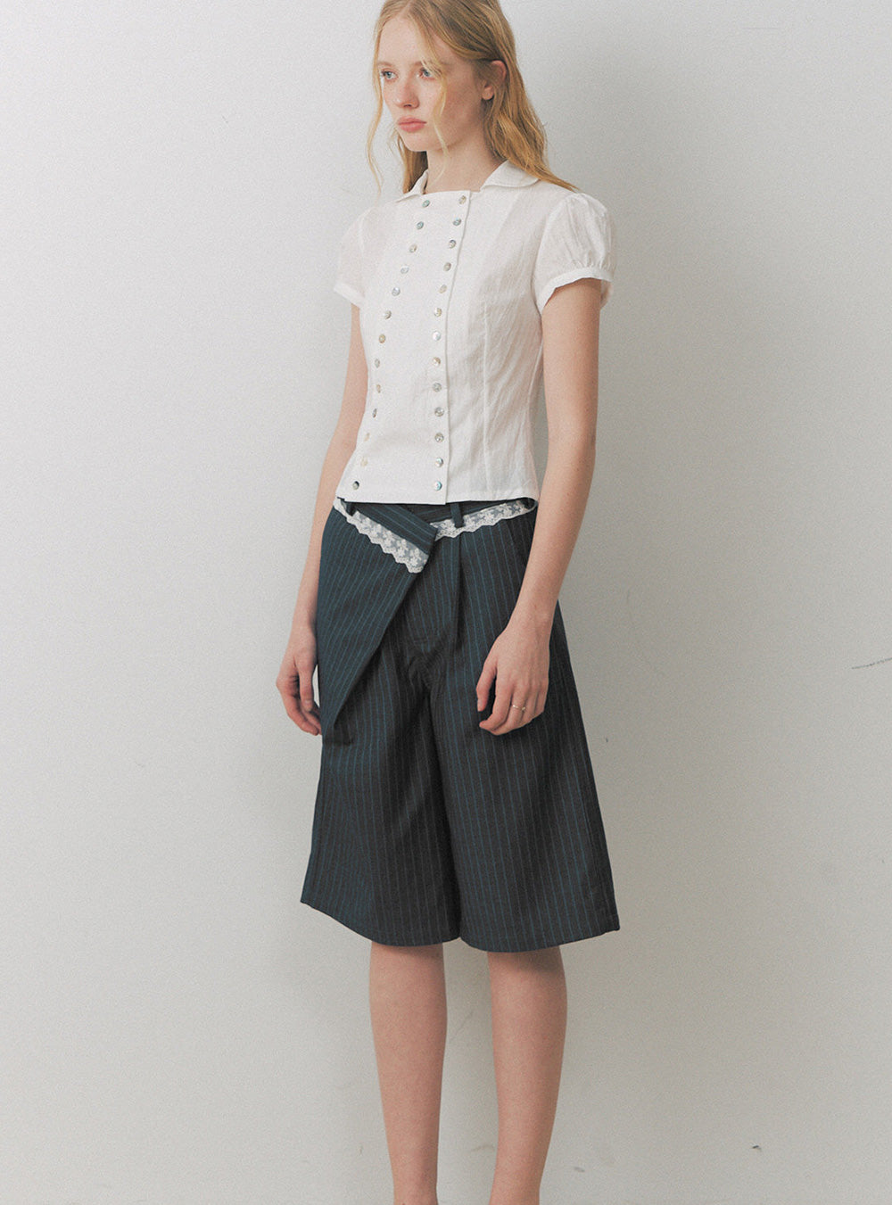 Lace Trim Pinstripe Tailored Shorts