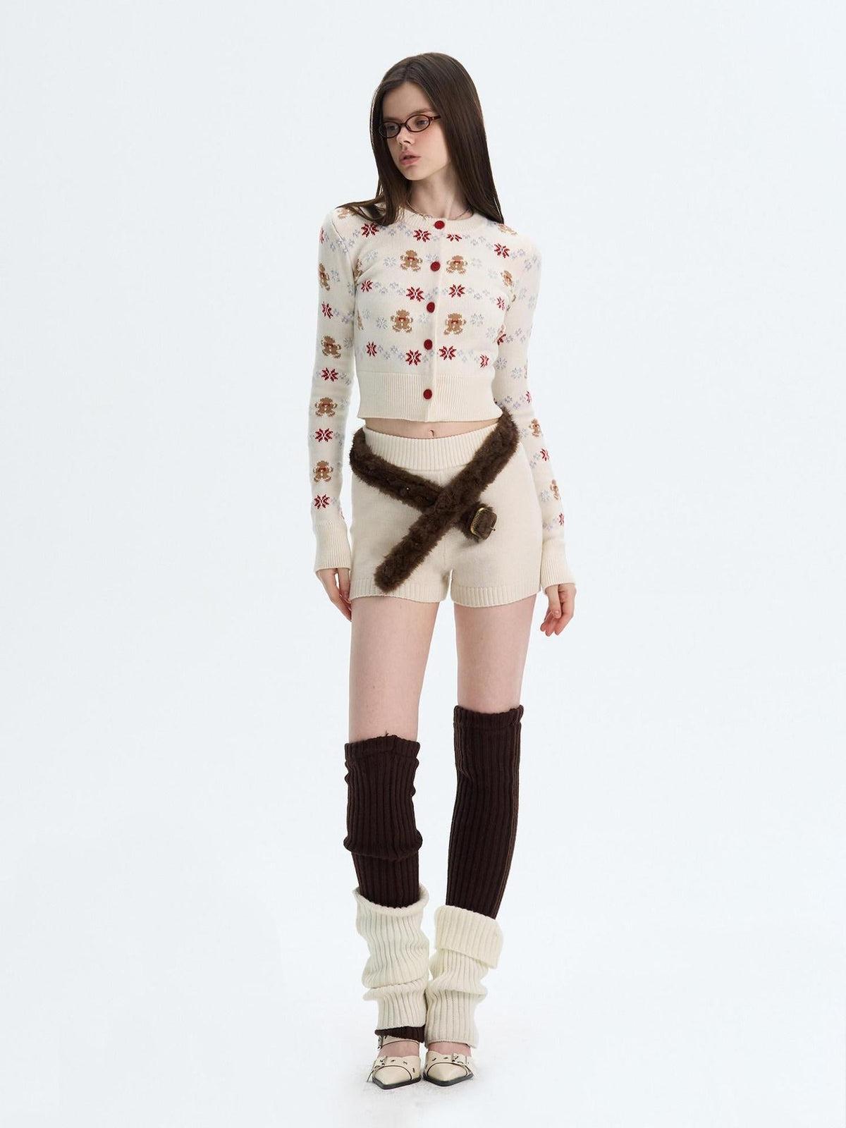 Cashmere Blend Bear Jacquard Cute Slim Cropped Crewneck Knitwear Cardigans