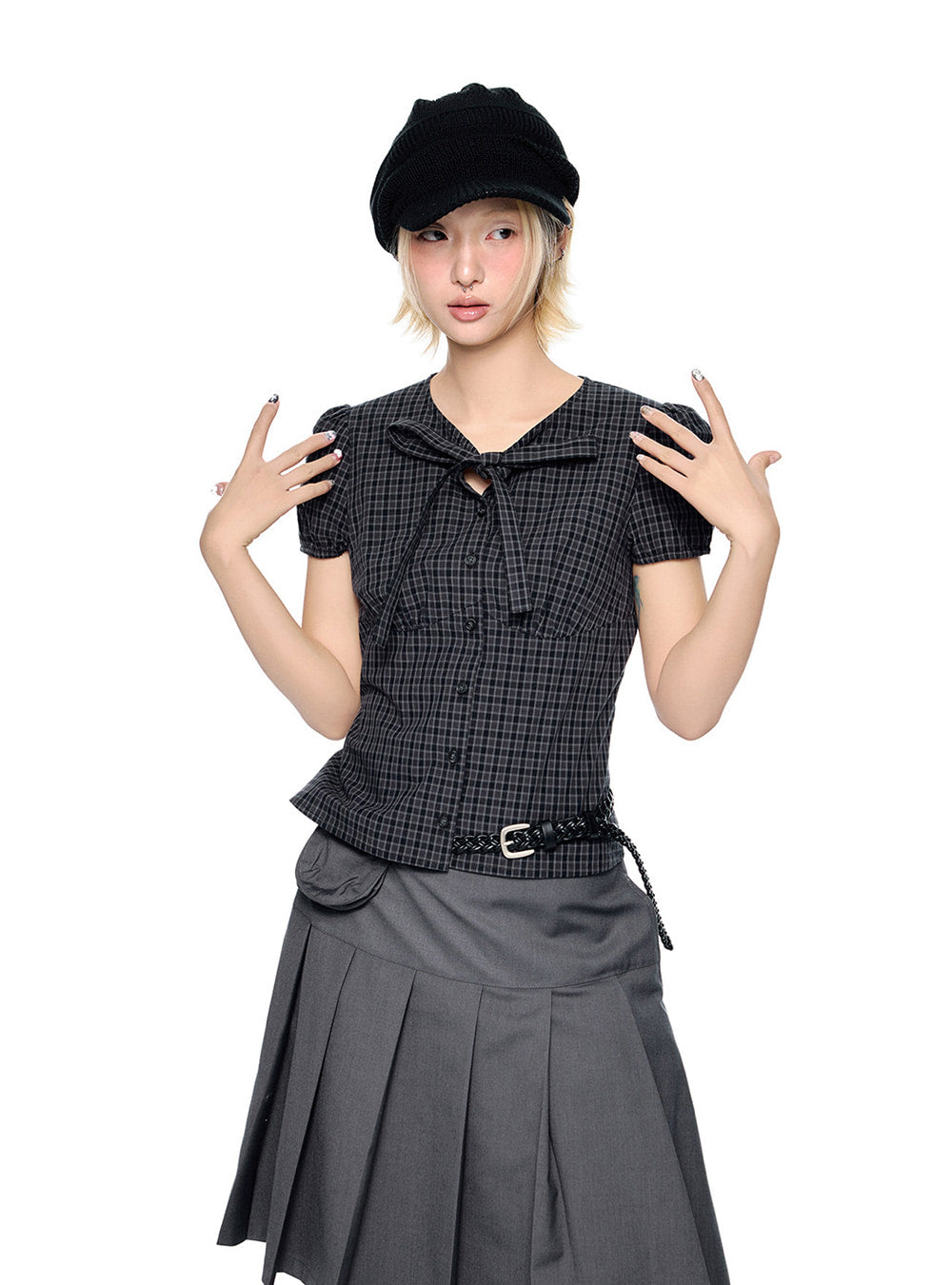 Ribbon Check Puff Blouse Top