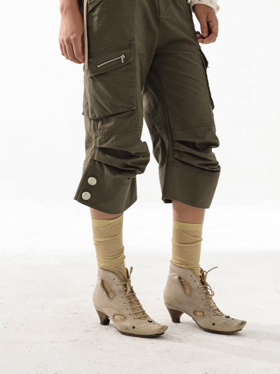 Vintage Biker Washed Cargo Women'S Cotton Flare Cropped Pants