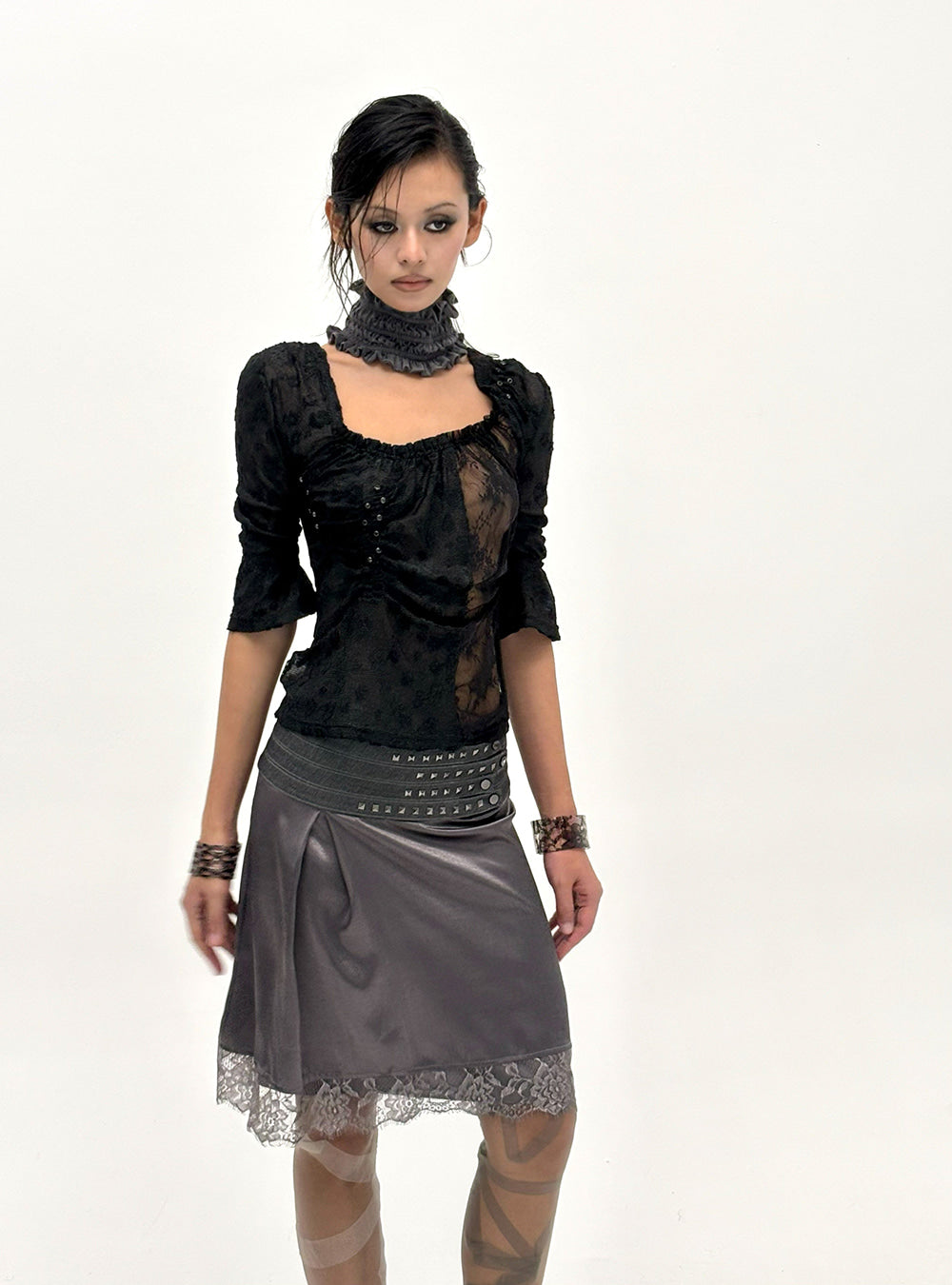 Midnight Lace Ruched Slim Top (2color)