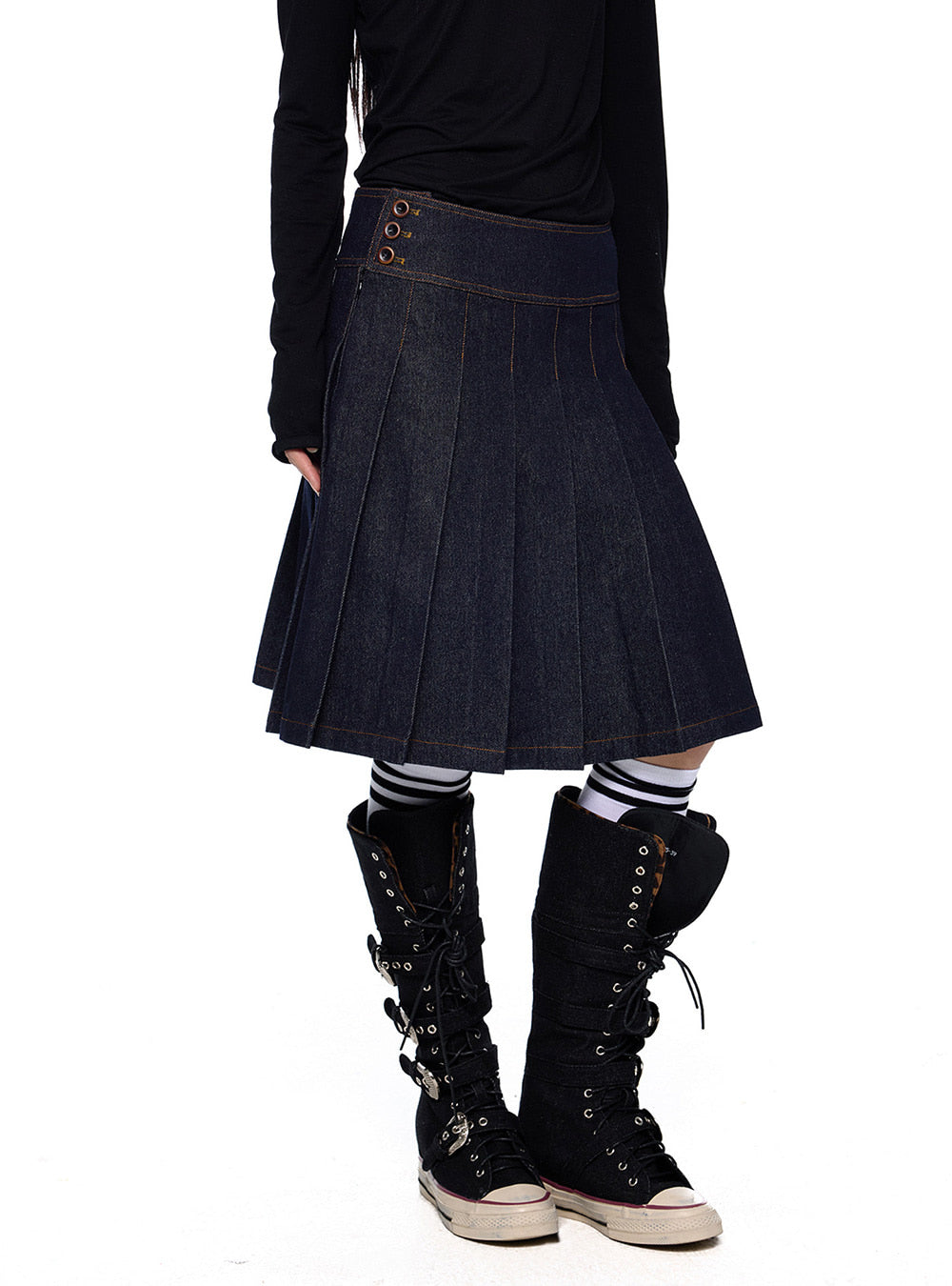 Side Button Pleated Denim Midi Skirt