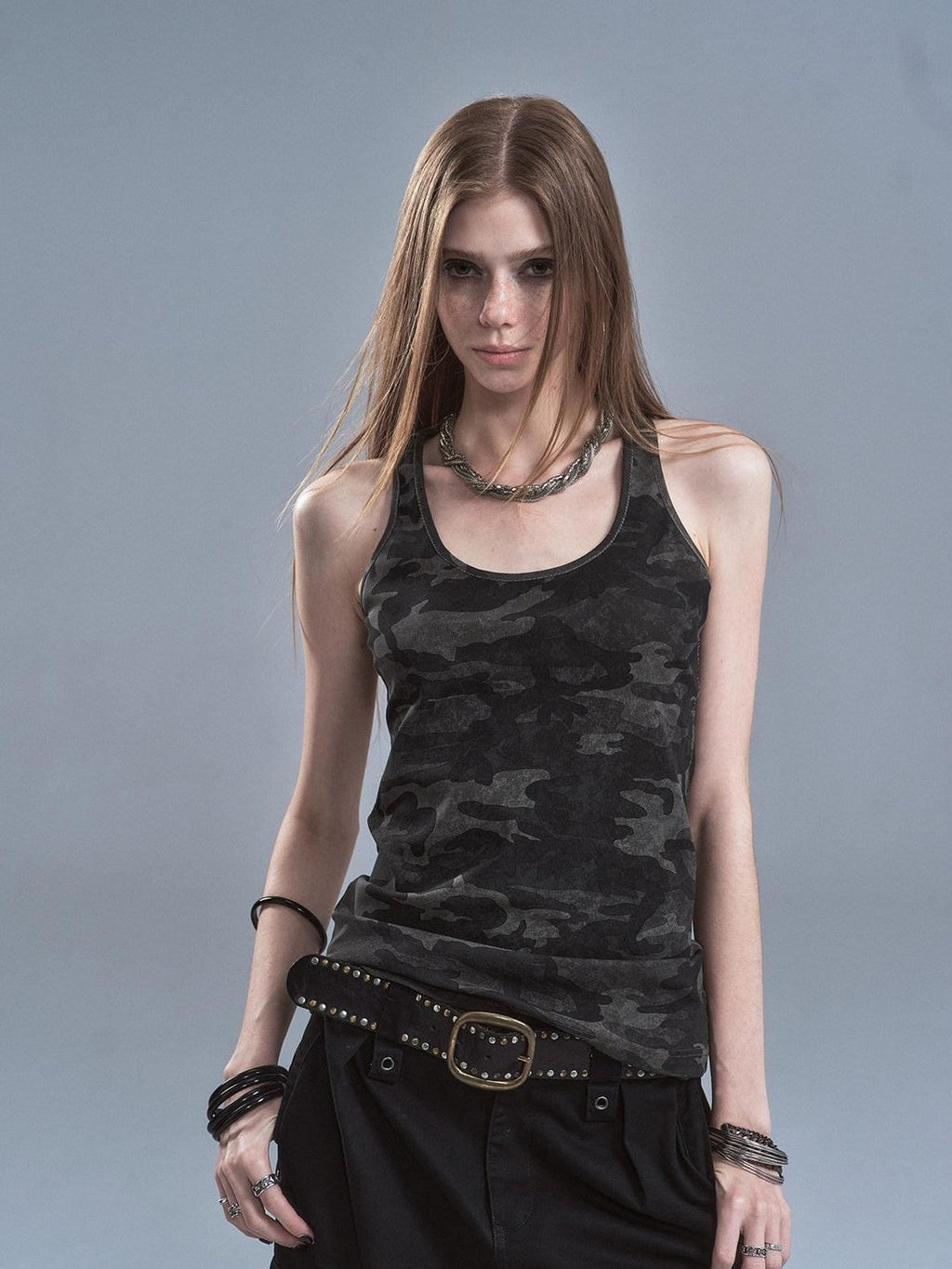 Dark Camouflage Back Line Print Racerback Slim Women'S Cotton Stretch Tank Tops