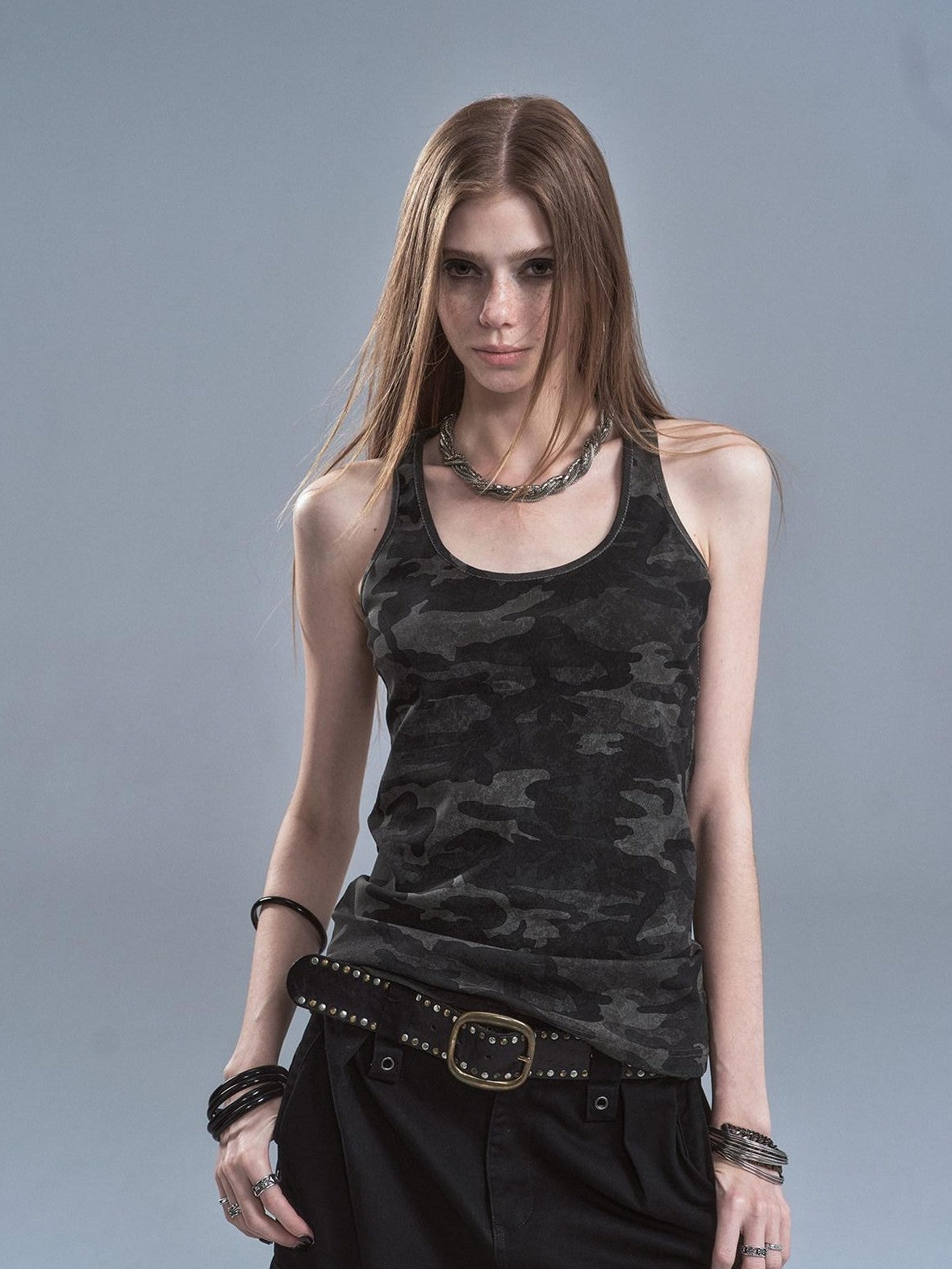 Dark Camouflage Back Line Print Racerback Slim Women'S Cotton Stretch Tank Tops