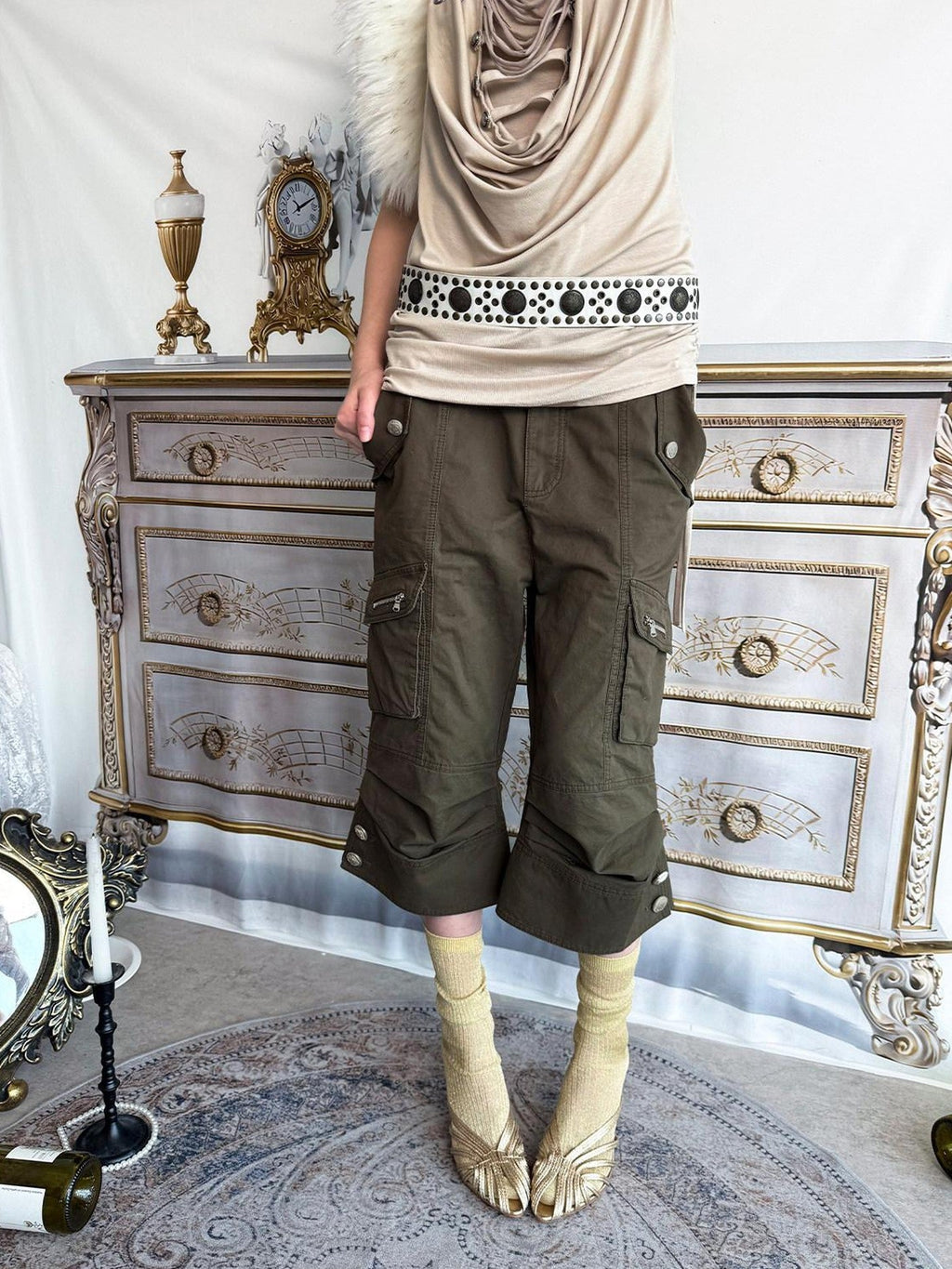 Vintage Biker Washed Cargo Women'S Cotton Flare Cropped Pants