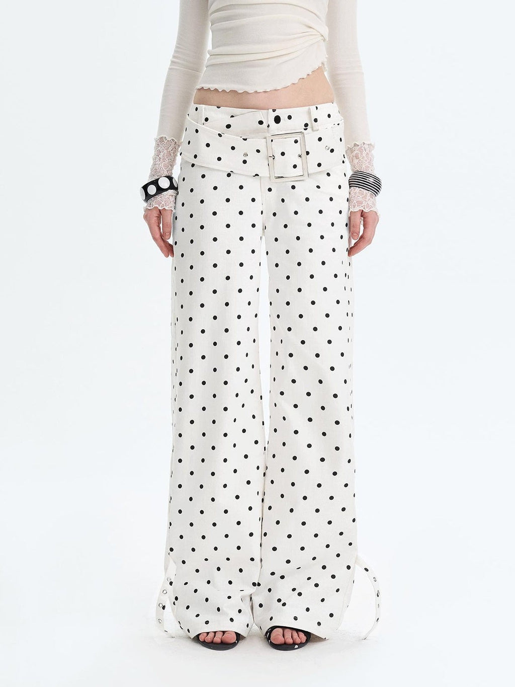 White Polka Dot V Waist Loose Fit Button Fly Women Denim Straight Leg Jeans