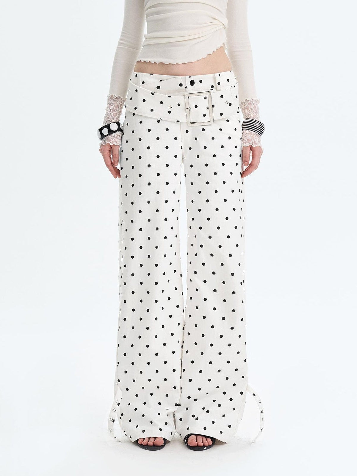 White Polka Dot V Waist Loose Fit Button Fly Women Denim Straight Leg Jeans