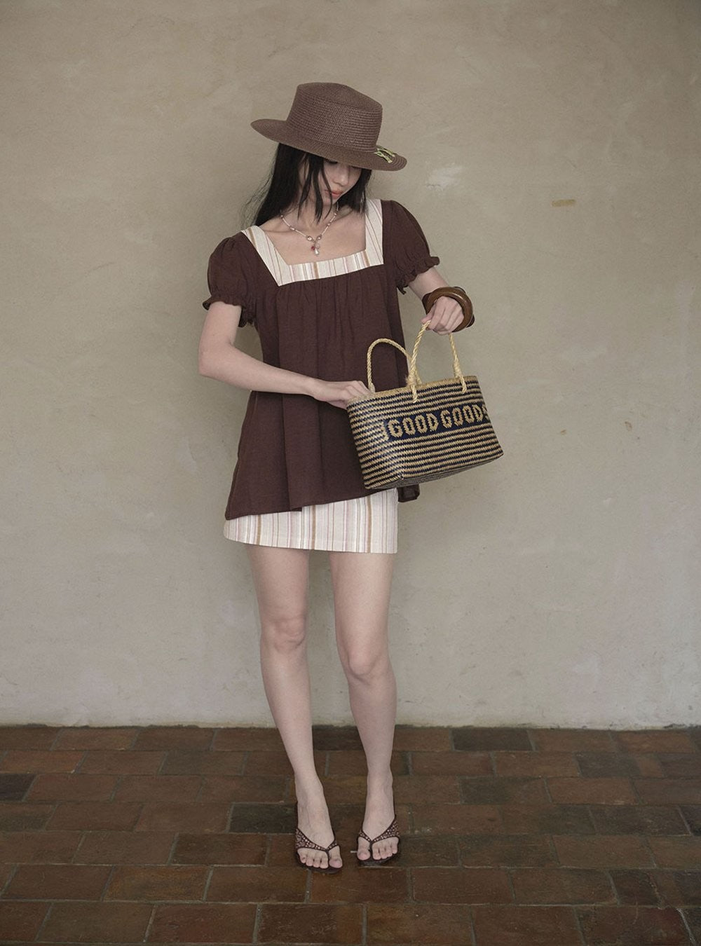 Linen Stripe Lantern Sleeve Top