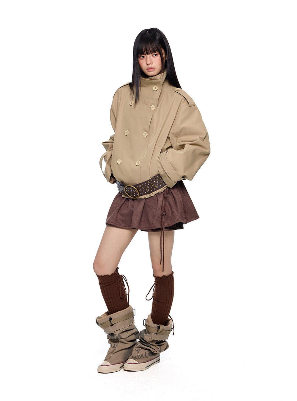 Studded Drawstring Layered Mini Skirt