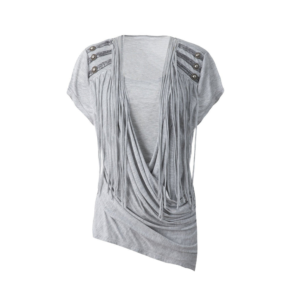 Desert Sand Asymmetric Draped Tassel Knit Women'S Lyocell Short Sleeve T-Shirts