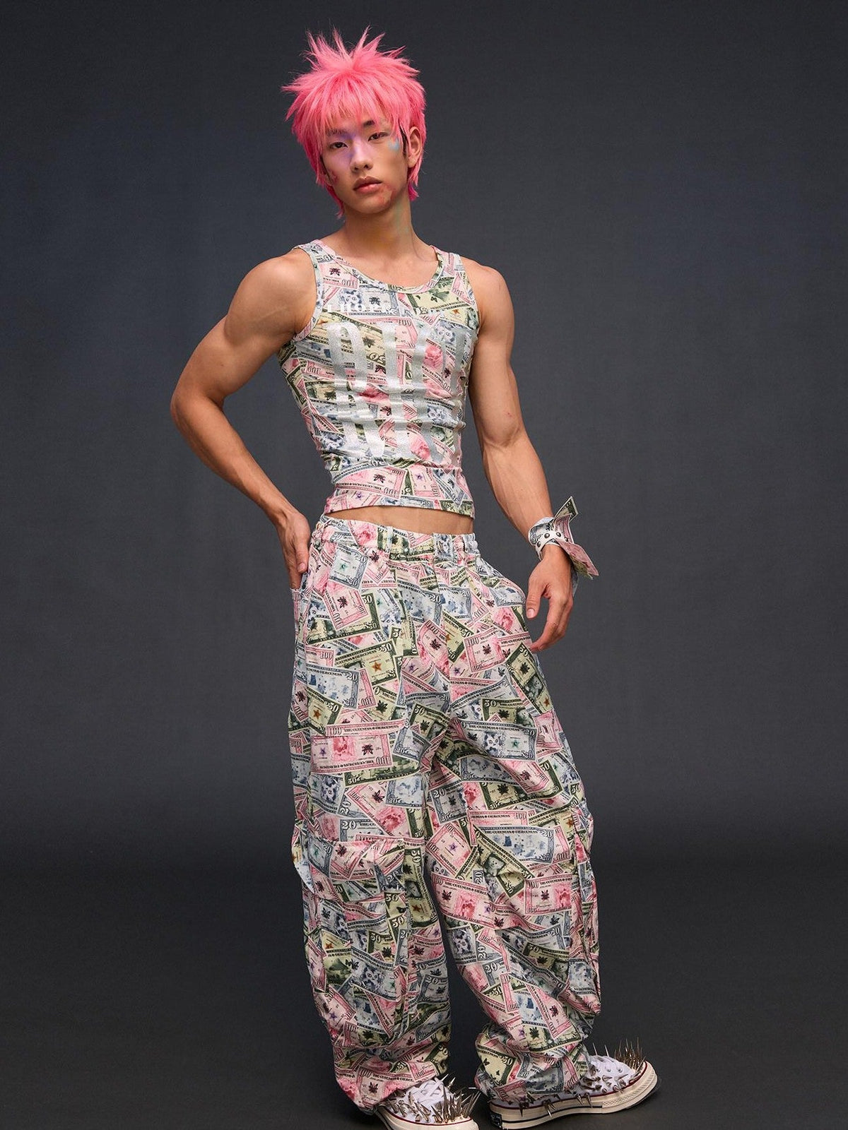 Money Print Cargo Multi Pocket Women'S Cotton Wide-Leg Pants