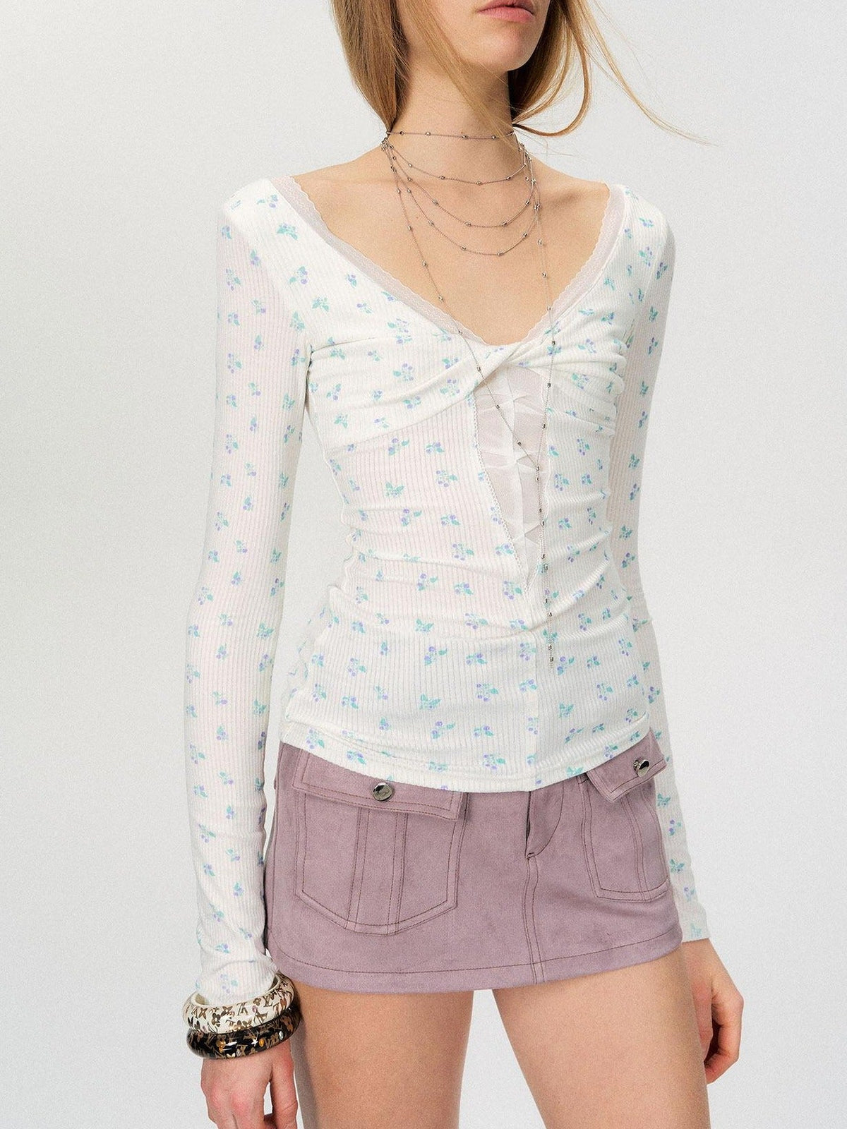 Sexy Mesh Floral Spliced Fitted Womens Stretch Long Sleeve Crop Tops