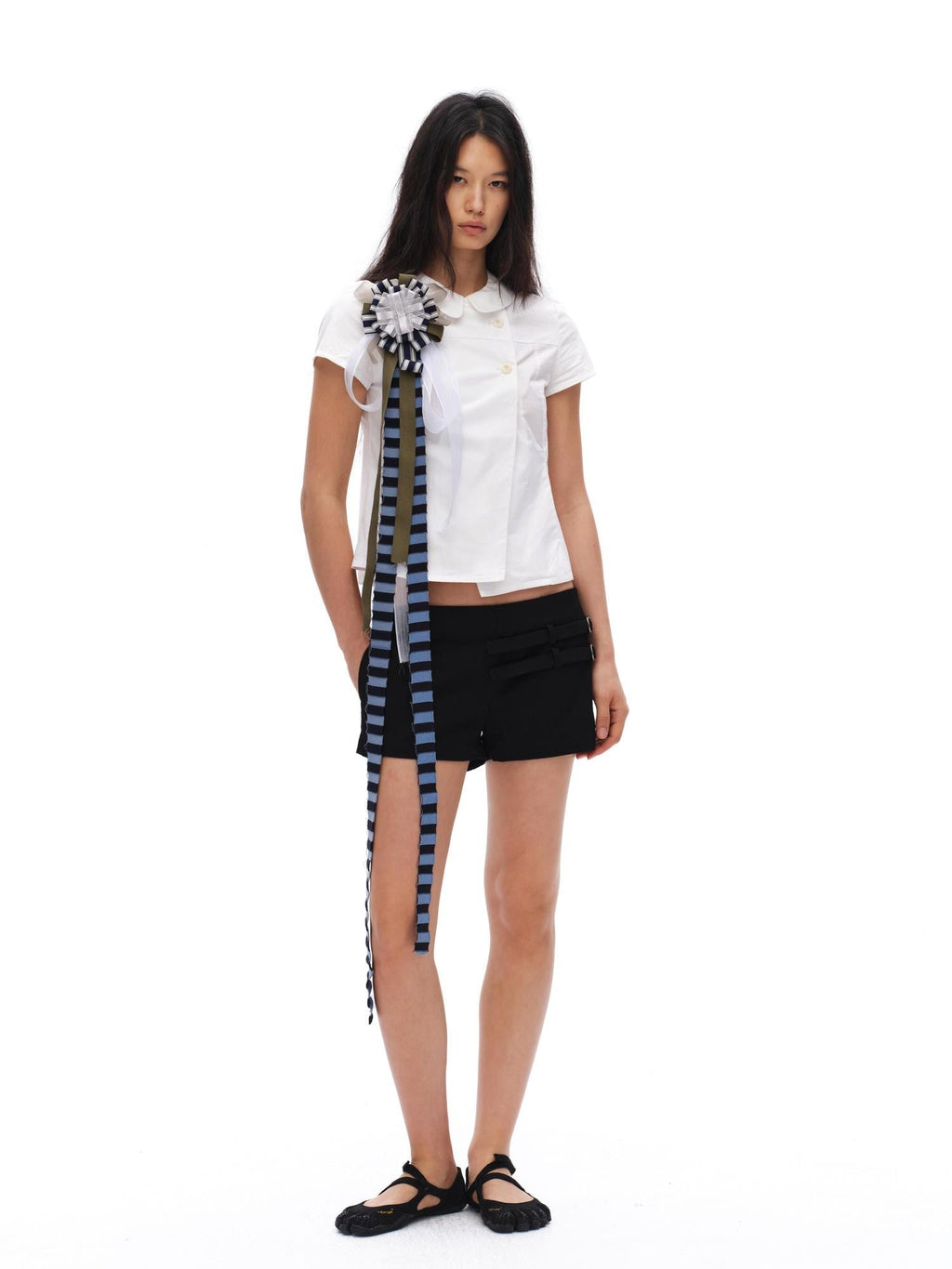 White Double Button Peter Pan Collar Slim Fit Short Sleeve Women'S Cotton Shirts