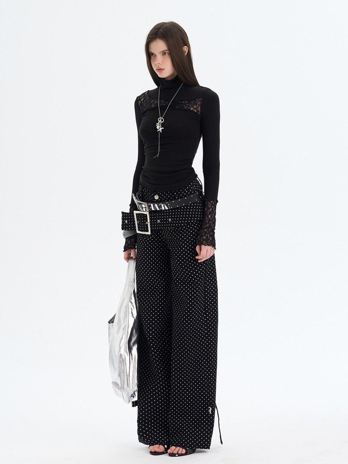 Sexy Slim Viscose Knit High Neck Women Splice Black White Long Sleeve T-Shirts