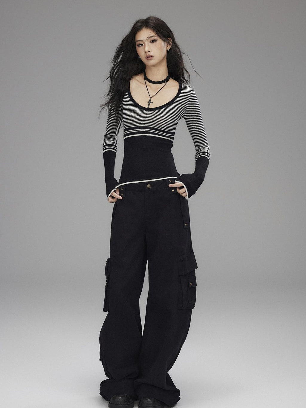 Washed Low Rise Wide Leg Utility Loose Fit Womens Black Cargo Pants