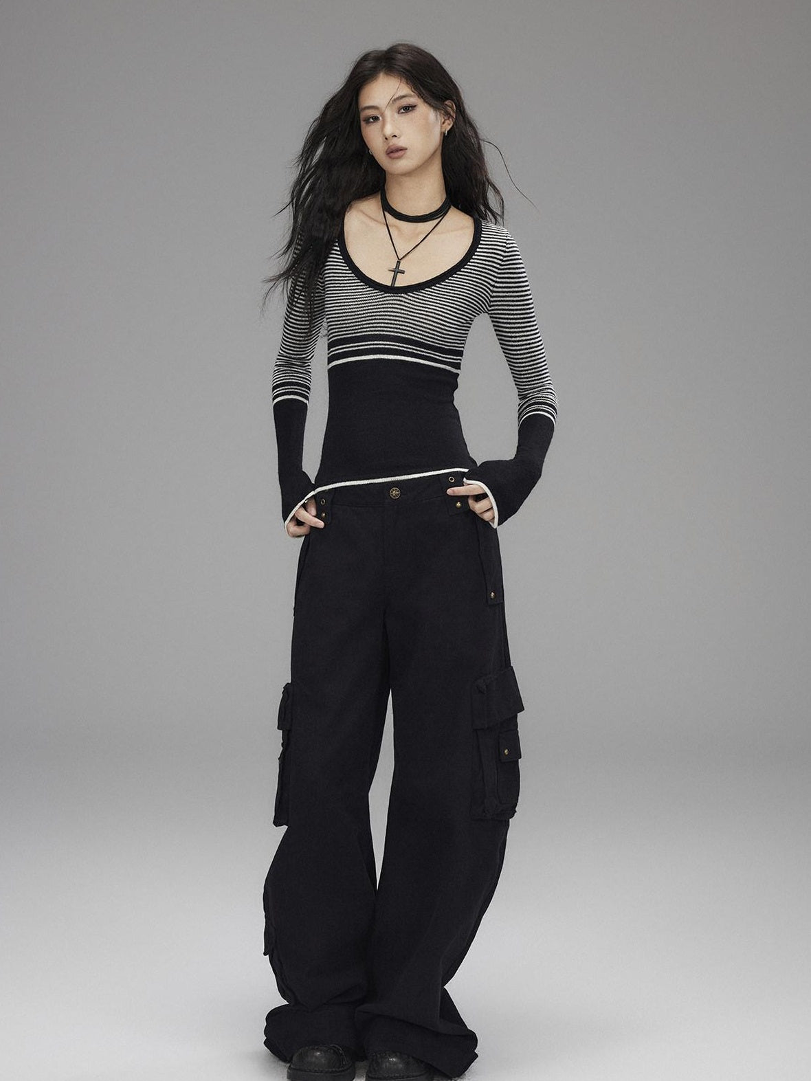 Washed Low Rise Wide Leg Utility Loose Fit Womens Black Cargo Pants