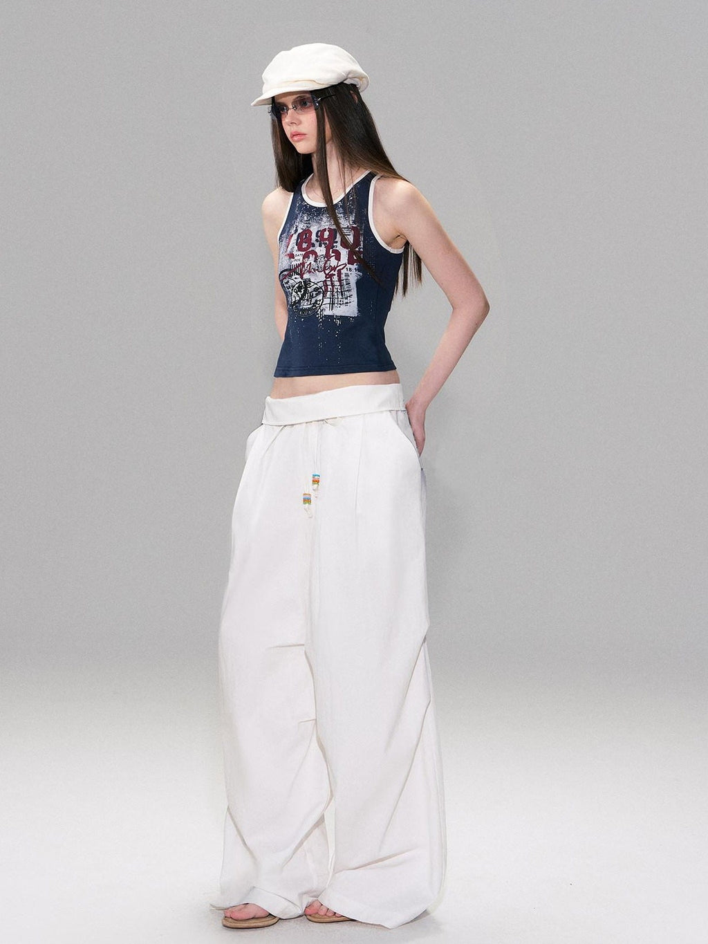 Cotton Blend Vintage Curved Cut Natural Waist Women White Wide Leg Pants