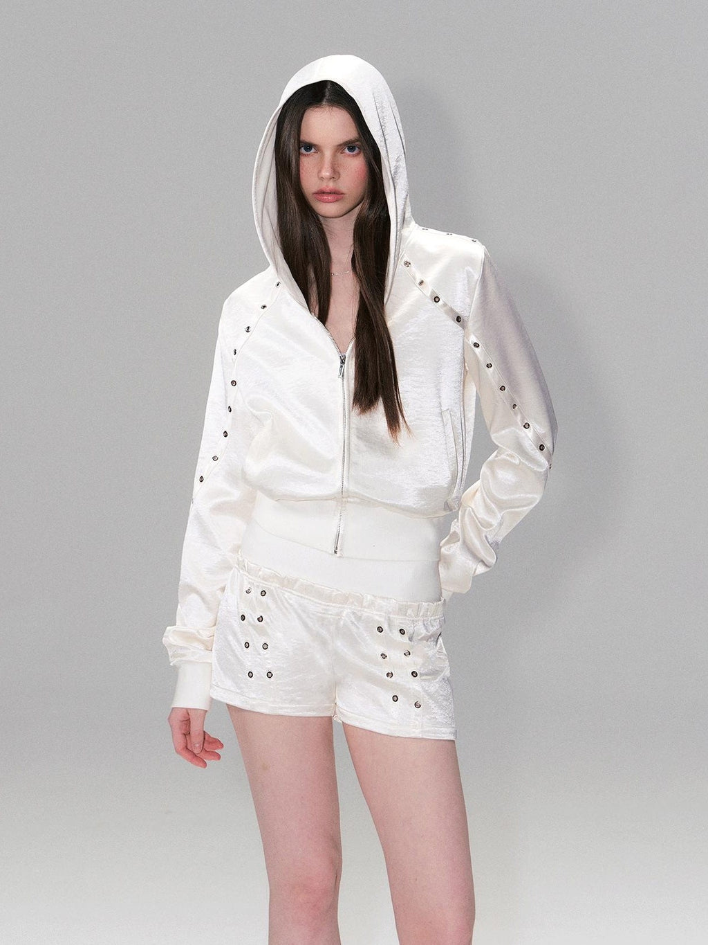 Cozy Cropped Two Piece Set Long Sleeve High Waist Shorts Women Solid Hoodie