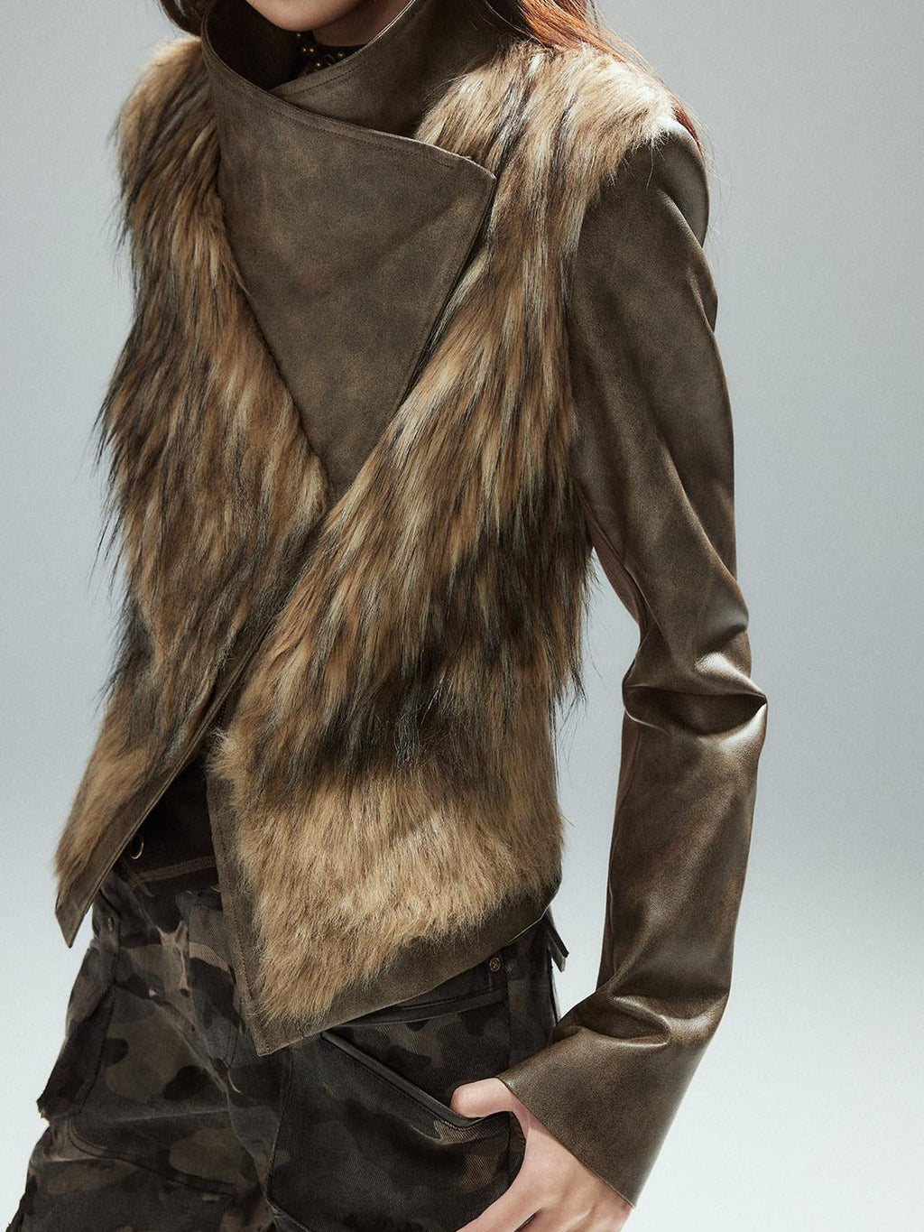 Thick Waist Cinch Patchwork Street Style Women Brown Zipper Lapel Cropped Jackets