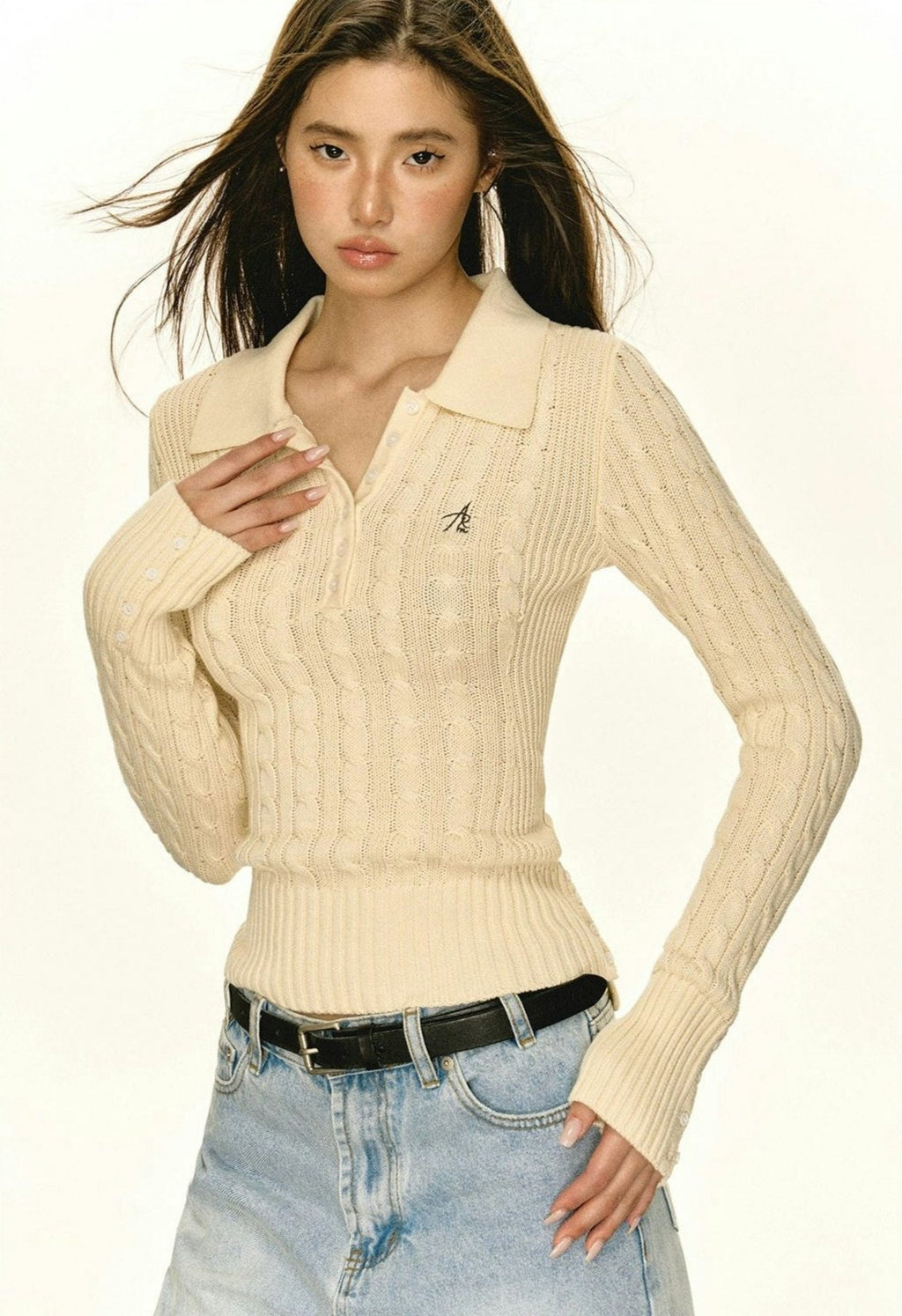 Half-Button Cable Knit Polo Sweater