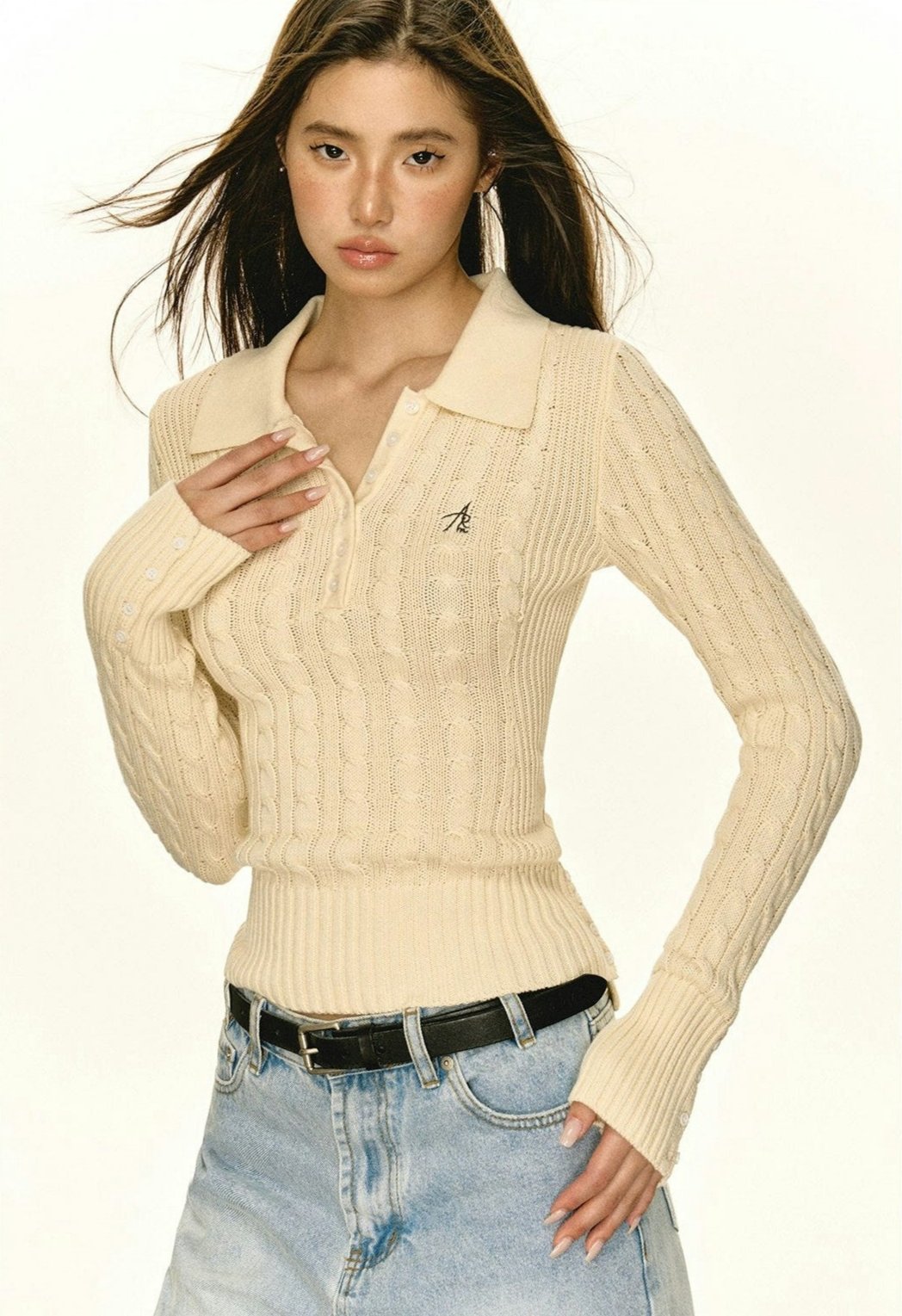 Half-Button Cable Knit Polo Sweater