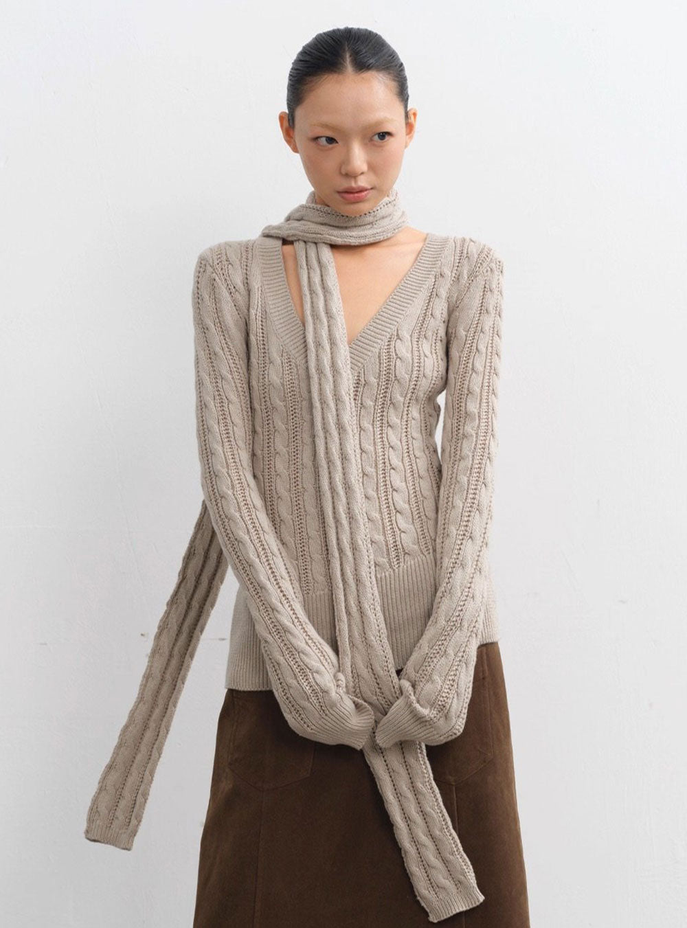 Retro V-Neck Cable Knit Sweater Top (3color)