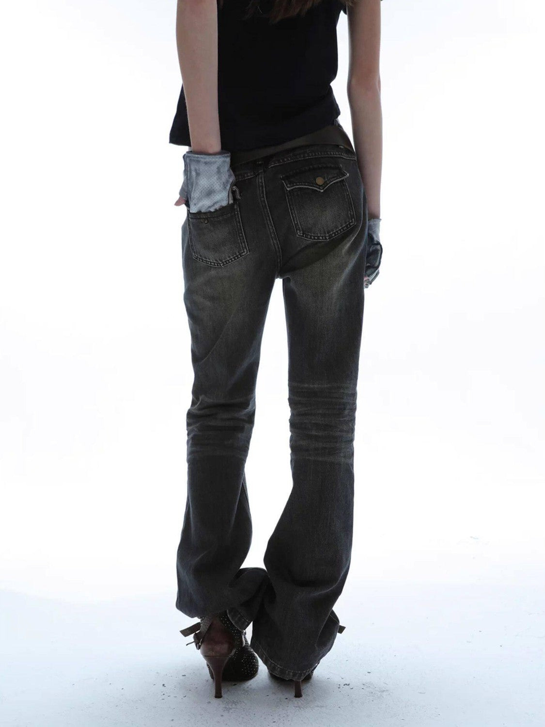 Baroque Print Distressed Micro Flare Women'S Cotton Low-Rise Jeans