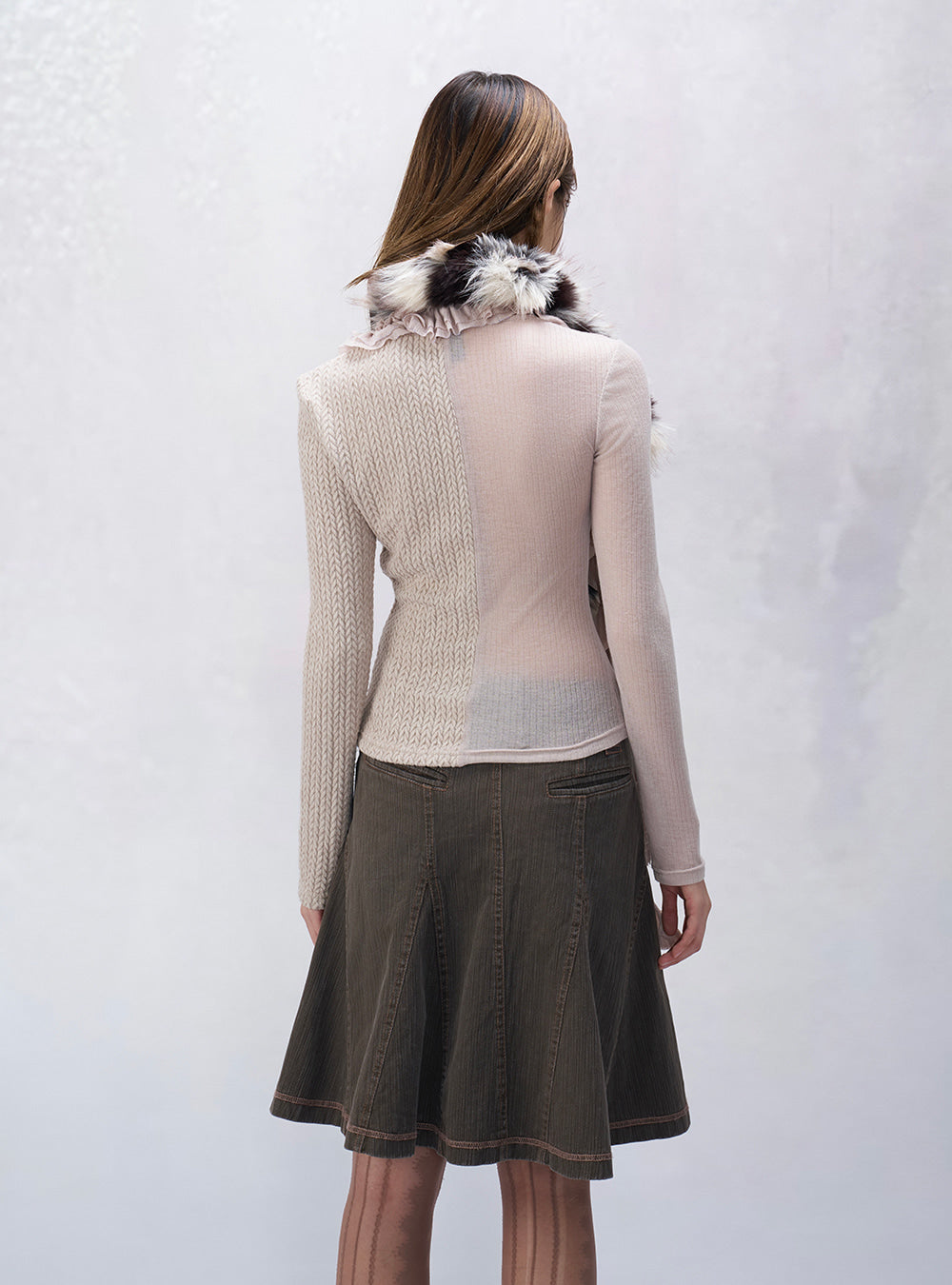 Patchwork Ruffle Ribbon Knit Top (2color)