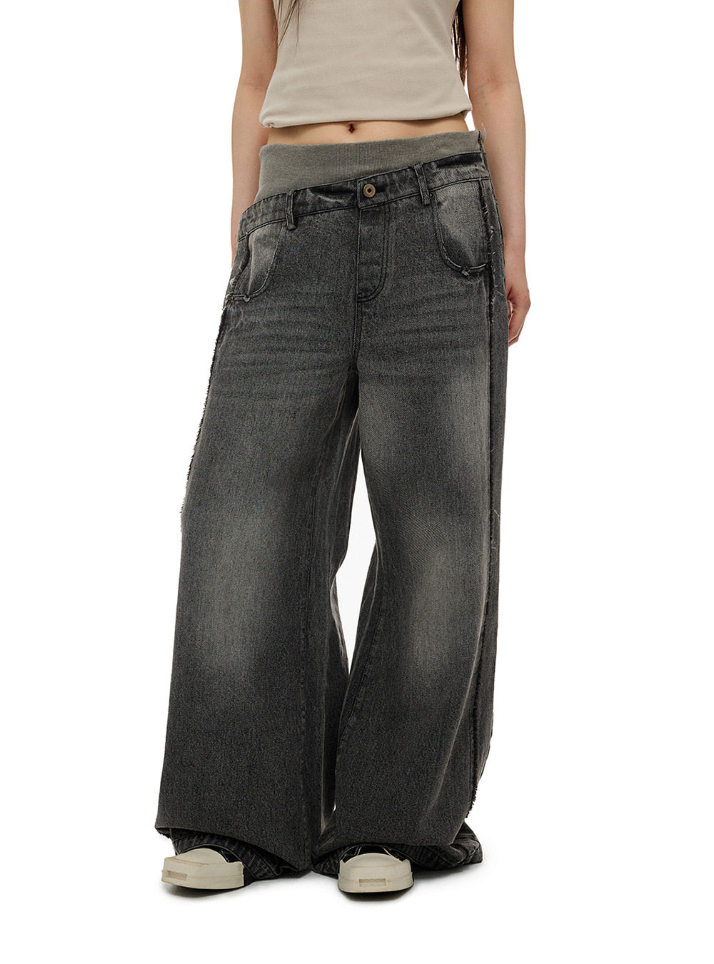 Double Waist Colorblock Washed Jeans