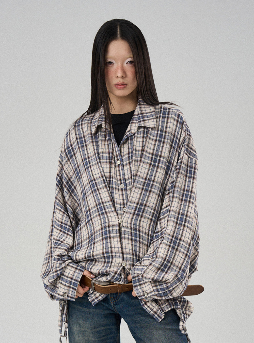 Drawstring Check Oversized Shirt