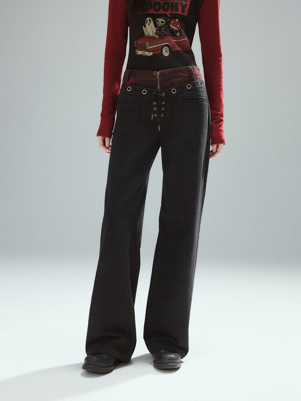 Pure Cotton Patchwork Low Waist Street Zipper Women Colorblock Straight Pants