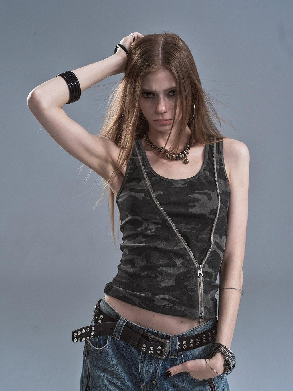 Printed Camo Black Diagonal Zip Two Way Cinched Waist Women'S Cotton Tank Tops