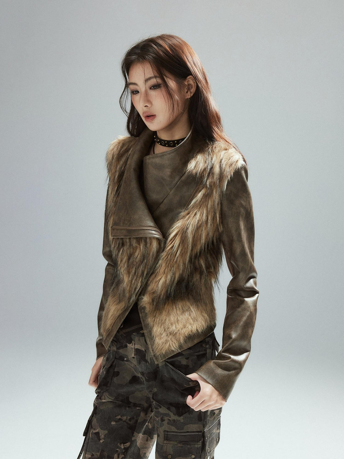 Thick Waist Cinch Patchwork Street Style Women Brown Zipper Lapel Cropped Jackets
