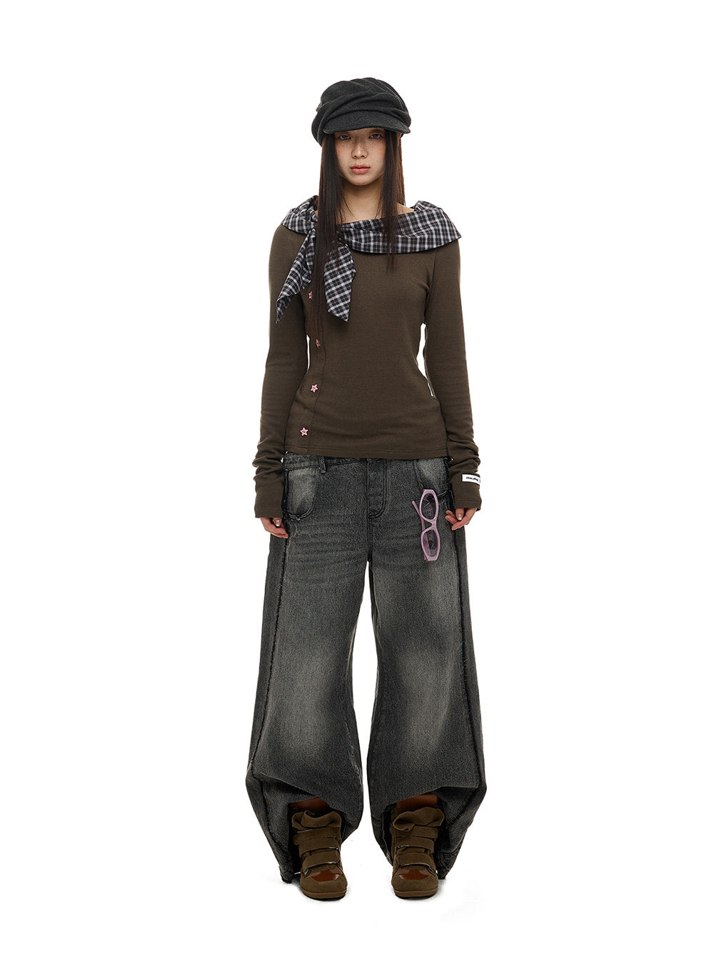 Plaid Boat Neck Knit Top