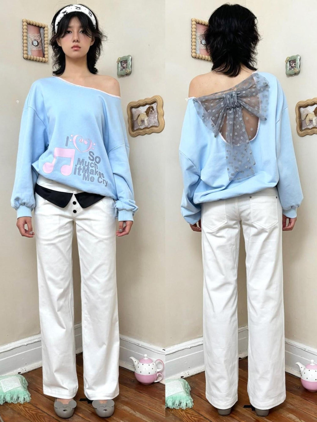 Pure Cotton Relaxed Fit Asymmetric Neck Pullover Women Light Blue Sweatshirt