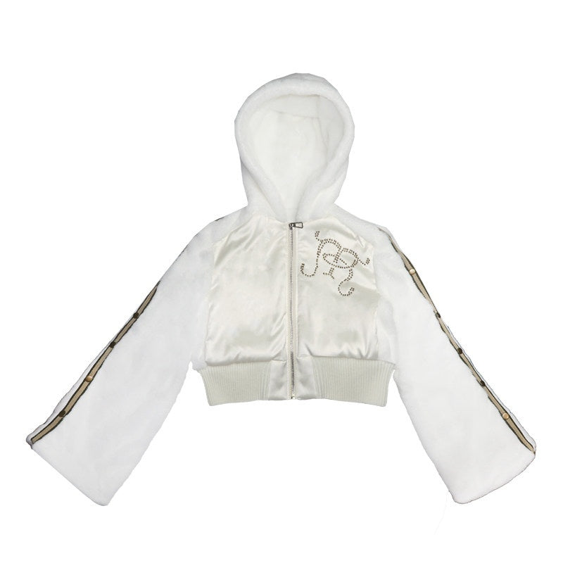 Original Design Thick Faux Fleece Loose Cropped Bell Sleeve Unisex White Hoodie