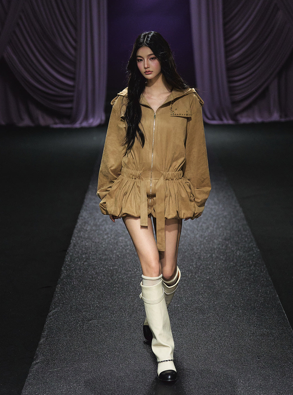 Suede Hooded Drawstring Jacket