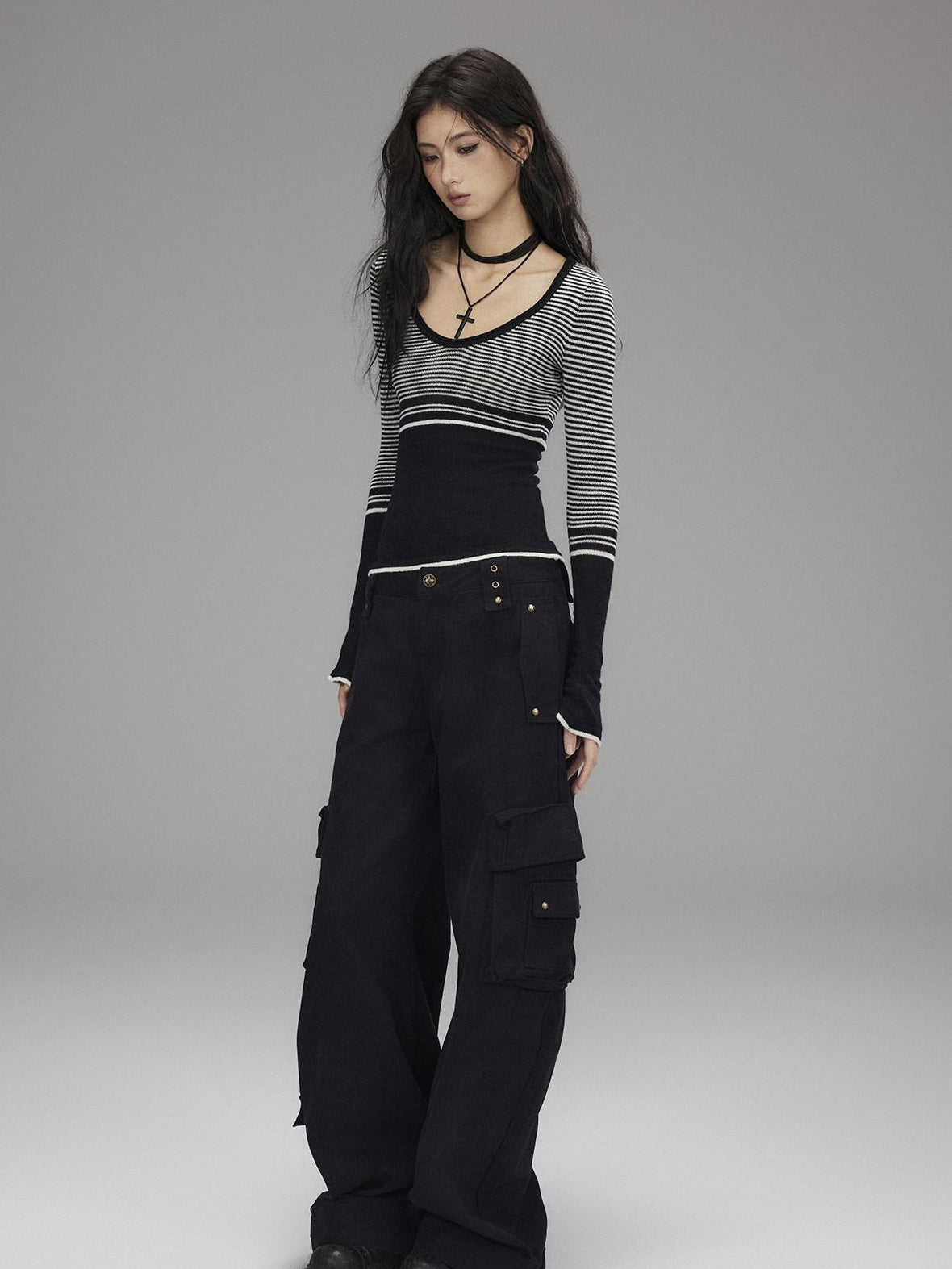 Soft Acrylic Slim V-neck Striped Casual Women Everyday Long Sleeve T-Shirts