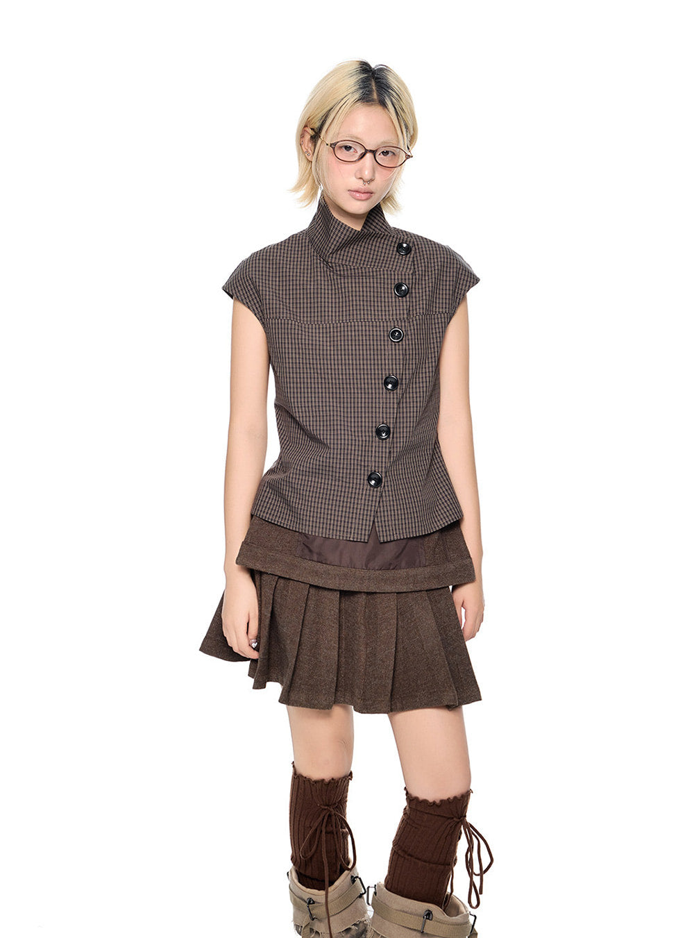 Tilt Button Check Slim Blouse Top